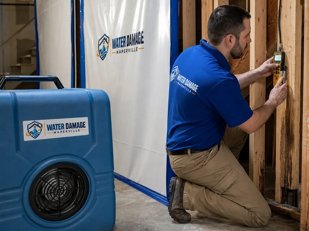 HEPA air scrubber and containment barrier in a basement while a technician checks framing moisture