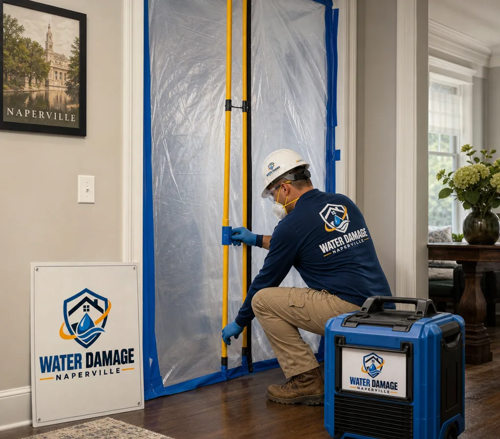 Technician in protective gear sealing a doorway with plastic containment and setting up a HEPA air scrubber in a Naperville home