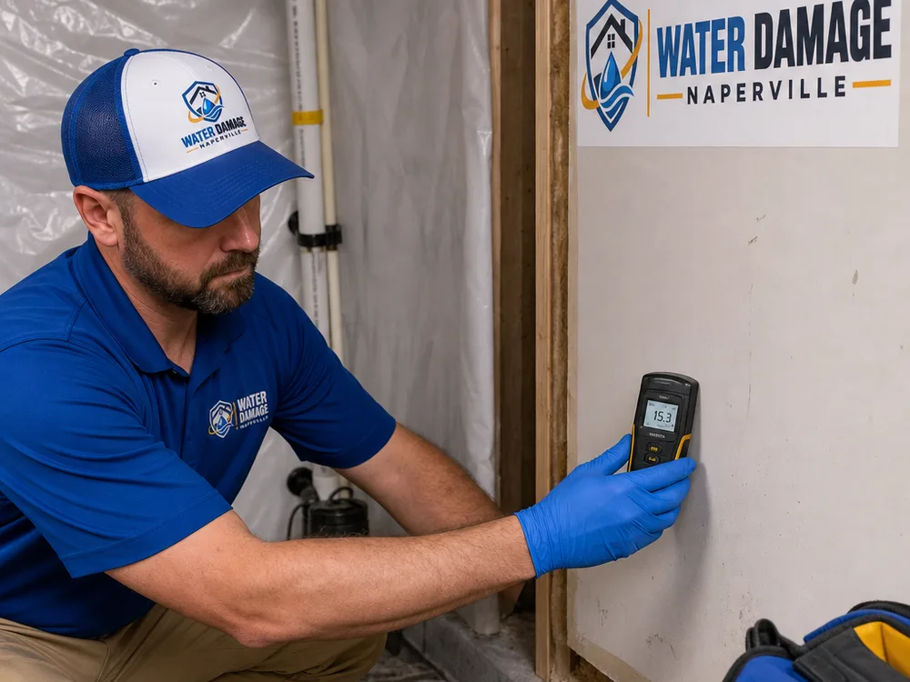 Moisture meter being used on basement drywall near a sump area with a plastic containment wall in the background