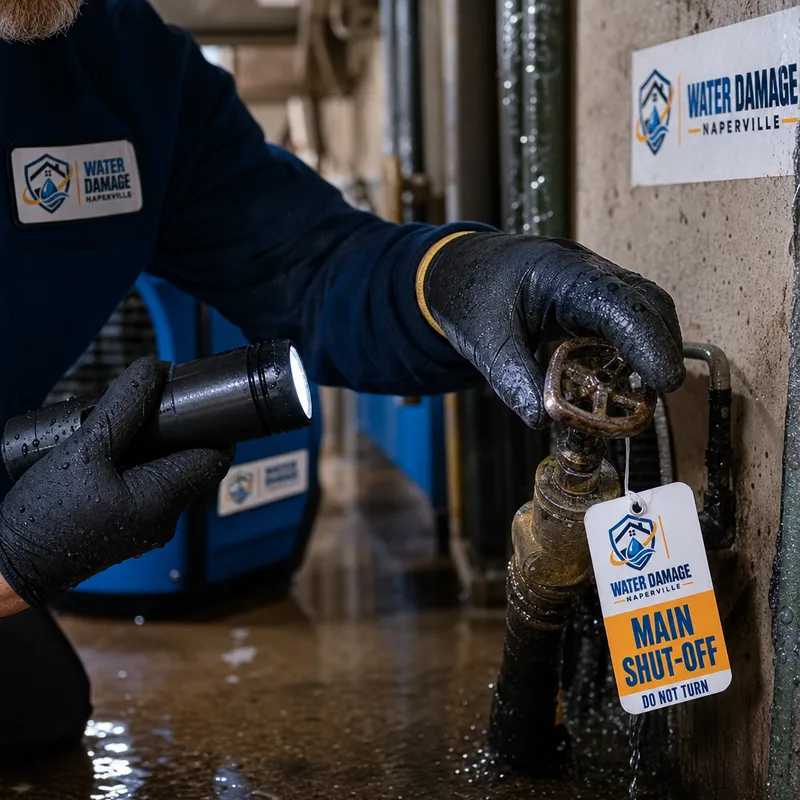 Plumber turning and tagging a main water shutoff valve near a wet area