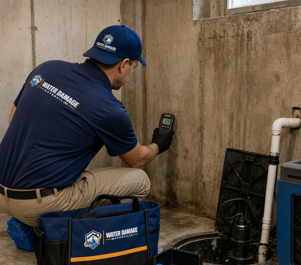 Inspector in protective equipment examining a basement corner near a sump pit and foundation wall with sampling supplies and a moisture meter