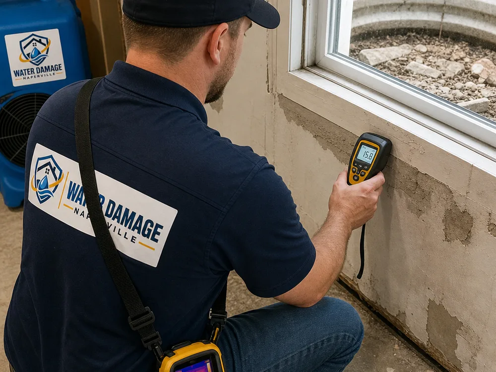 Technician using a moisture meter on drywall near a basement window well with an infrared camera nearby