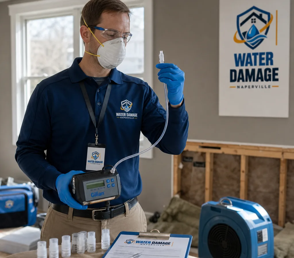 Inspector in protective equipment collecting an indoor air sample with a calibrated pump, sampling cassettes, and clipboard
