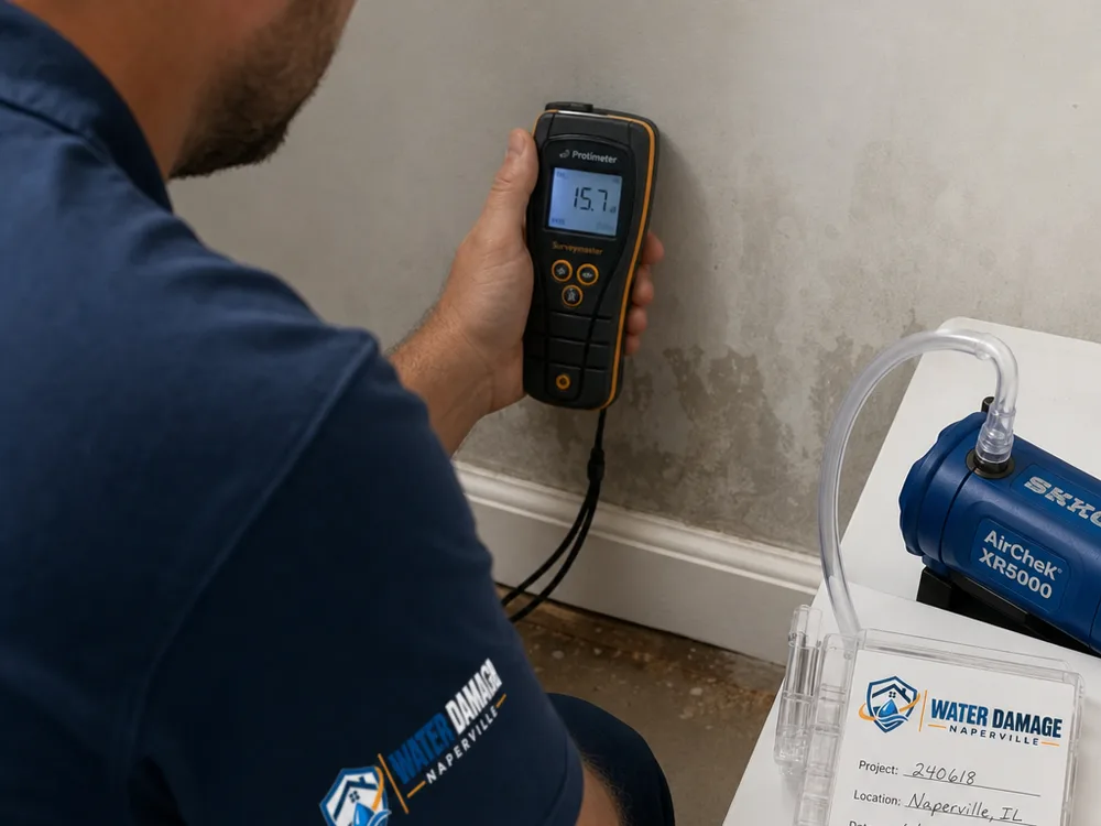 Moisture meter reading drywall near a baseboard beside an air sampling pump and labeled cassette