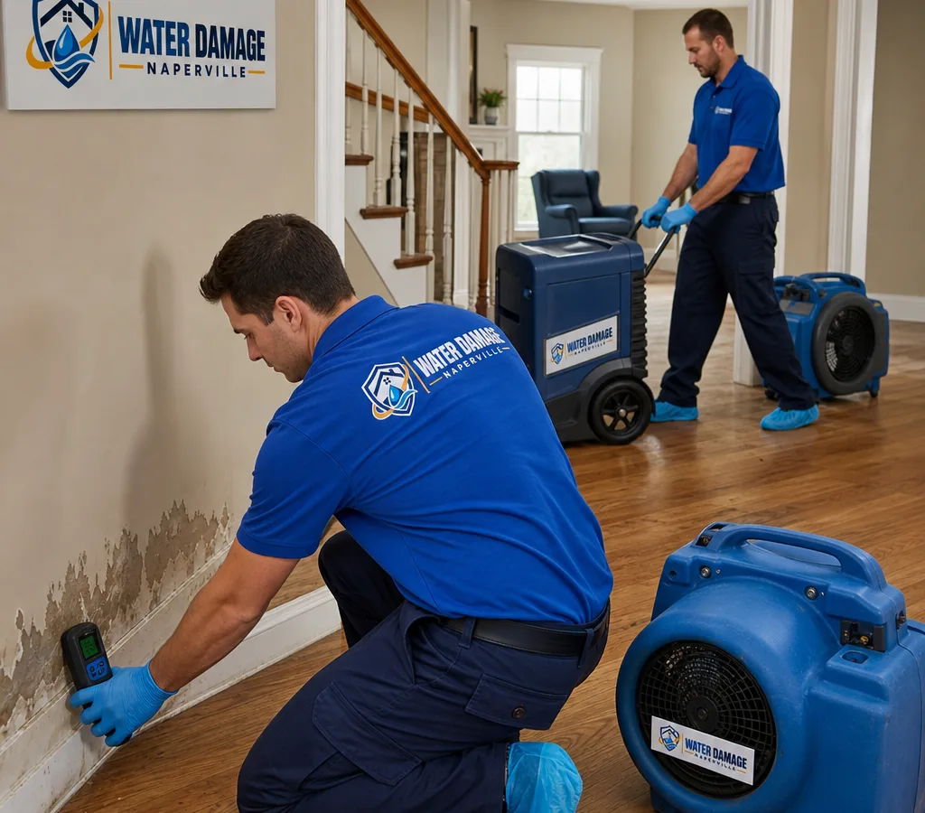 Technicians setting up air movers and a dehumidifier while measuring water intrusion in a Naperville home