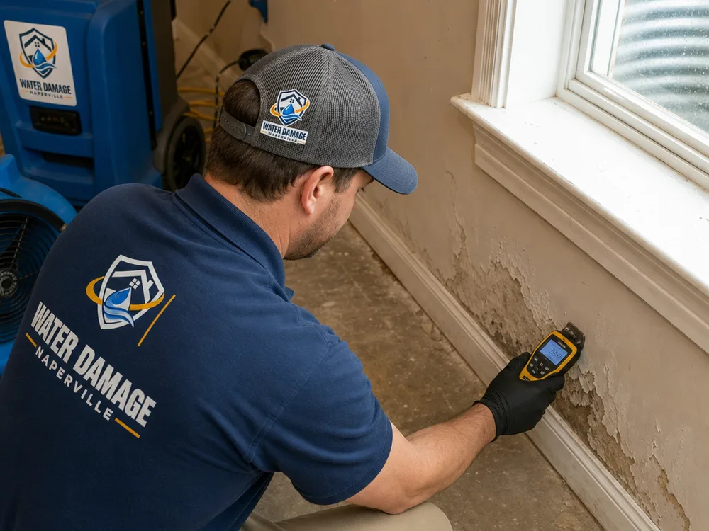 Moisture meter measuring basement drywall near a window well with drying equipment operating nearby
