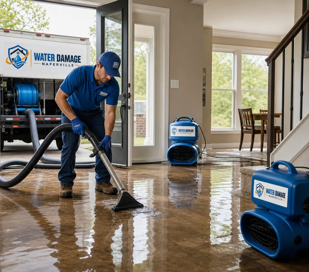 Technician extracting standing water from a Naperville home with air movers staged nearby