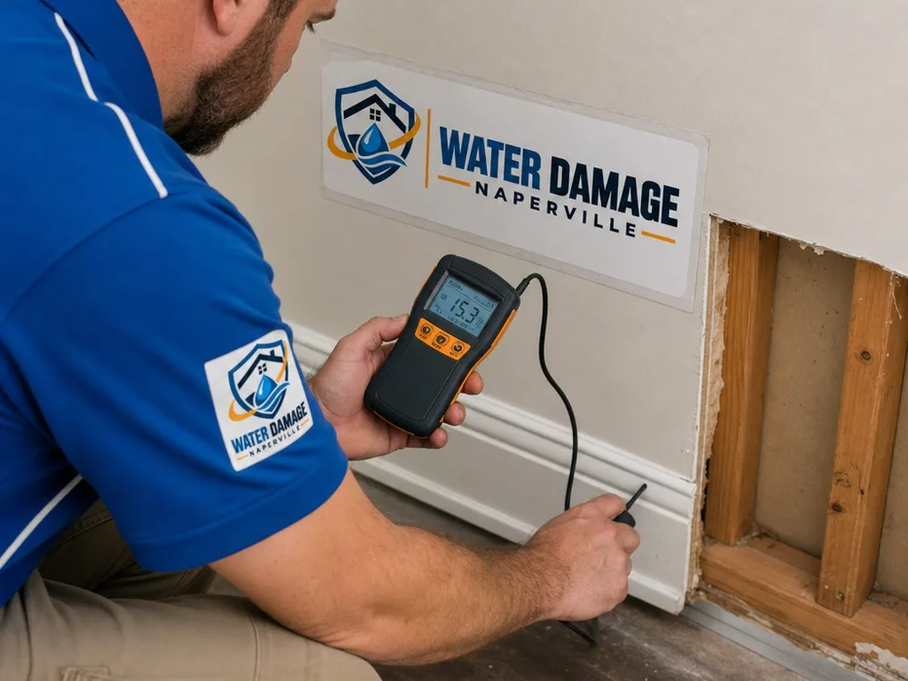 Technician using a moisture meter on baseboard and drywall to verify drying progress