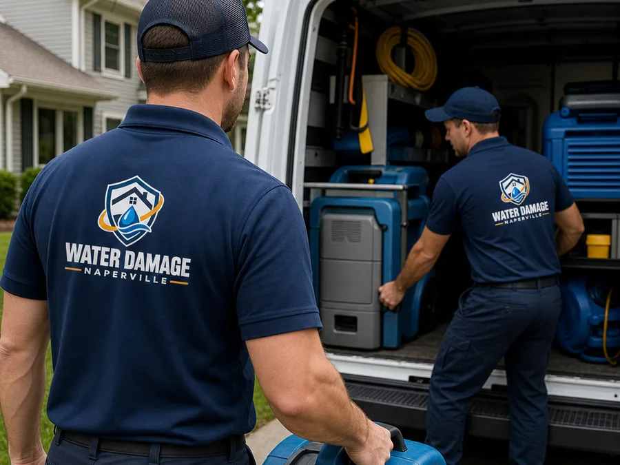 Two uniformed technicians loading dehumidifiers and air movers from a work van