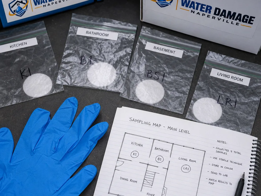 Sealed sample bags, gloves, and a written sampling map used to match lab results to rooms